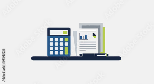 A blue calculator, papers with charts, and a pen are arranged on a dark surface