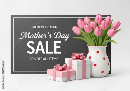 Mothers day sale advertisement with pink tulips and gifts on white background