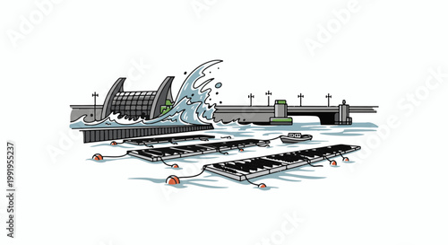 A busy harbor scene features a dam with crashing waves, a bridge overhead, a small boat, and floating platforms