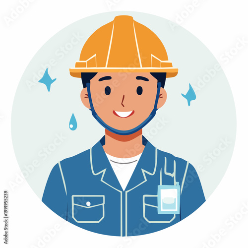 ヘルメットを被って汗を流す男性作業員のフラットイラスト（アップ）