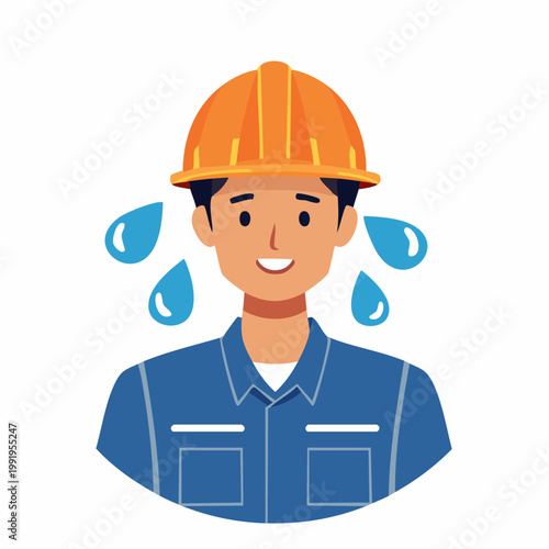 ヘルメットを被って汗を流す男性作業員のフラットイラスト（アップ）
