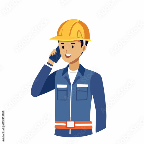 ヘルメットを被ってスマホで通話する男性作業員のフラットイラスト