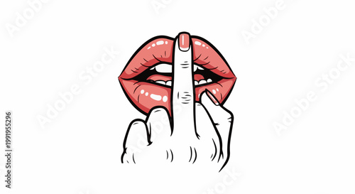 A cartoonish close-up of red lips, with a finger pressed against them, suggesting silence