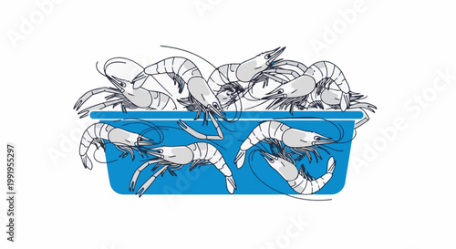 A blue container overflows with a cluster of detailed shrimp, some submerged in water