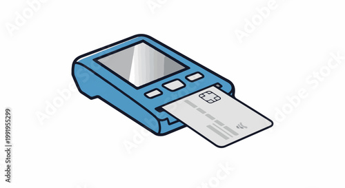 A blue credit card reader with a white card inserted