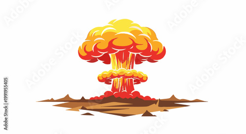 A bright, cartoonish mushroom cloud explosion erupts from a desolate, rocky terrain