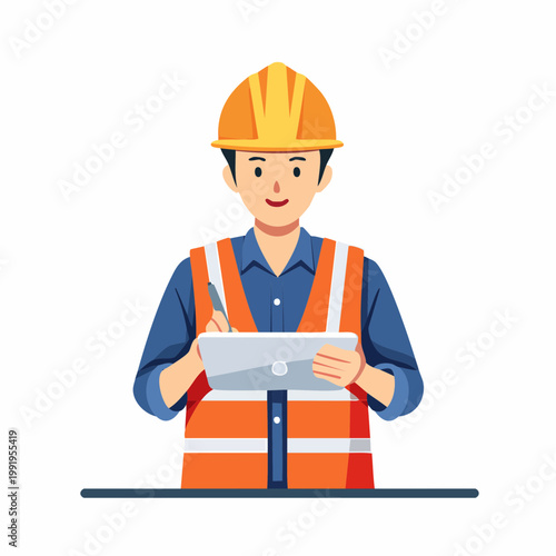 ヘルメットを被ってタブレットを操作する男性作業員のフラットイラスト（現場DX）