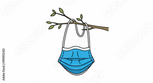 A blue face mask with white ear loops hangs from a thin tree branch with green leaves
