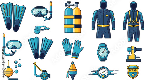 Scuba Diving Equipment Icon Set Wetsuit Tank Fins Mask Collection
