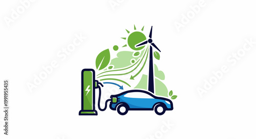 A blue electric car is charging at a station powered by a wind turbine and the sun