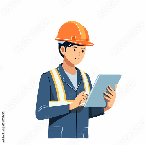 ヘルメットを被ってタブレットを操作する男性作業員のフラットイラスト（現場DX）