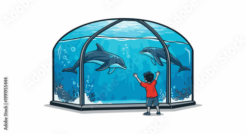 A child observes two dolphins swimming in a large aquarium tank