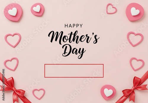 Happy mothers day greeting card with hearts and ribbons on pink background