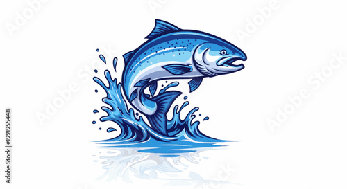 A blue fish leaps from a cresting wave, splashing water