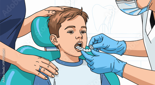 A child receives dental treatment with clear aligners from a professional