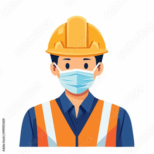 防塵マスクを着用した男性作業員のフラットイラスト