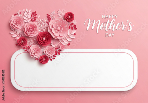 Happy mothers day pink heart flowers on pink background with white text