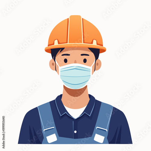 防塵マスクを着用した男性作業員のフラットイラスト
