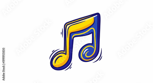 A bright yellow and blue musical eighth note with wavy lines radiating outwards