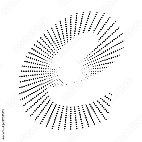 Abstract letter E symbol, half-tone dot pattern design element, black on white background.