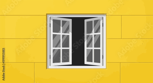 A bright yellow building facade features an open, white-framed window with multiple panes