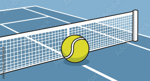 A bright yellow tennis ball rests on a blue court next to a white net
