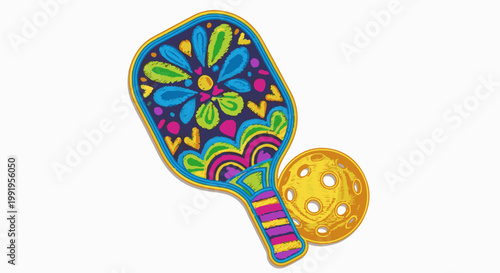 A brightly colored pickleball paddle adorned with floral and heart patterns, next to a yellow perforated ball