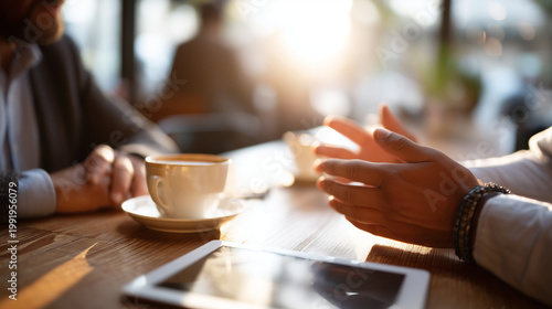 Faceless leader giving constructive feedback during a one-on-one setting in a sunlit cafÃ©, representing personal growth and professional development, coffee cups and a tablet on th