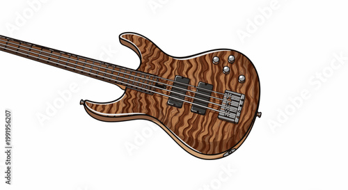 A brown bass guitar with a unique wood grain pattern