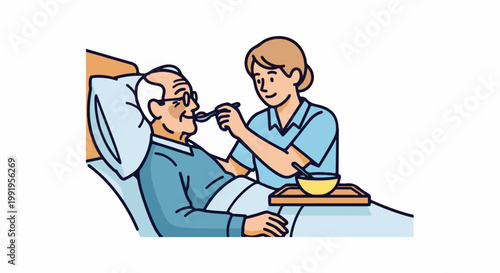 A caregiver feeds an elderly man in bed
