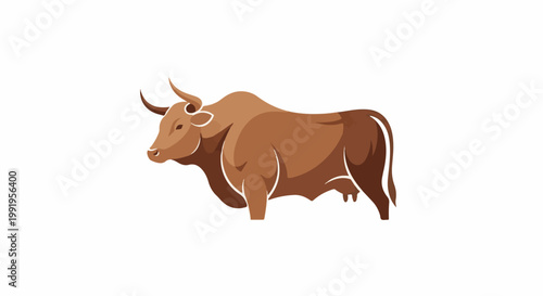 A brown bull with white outlines stands alertly on a white background, facing left
