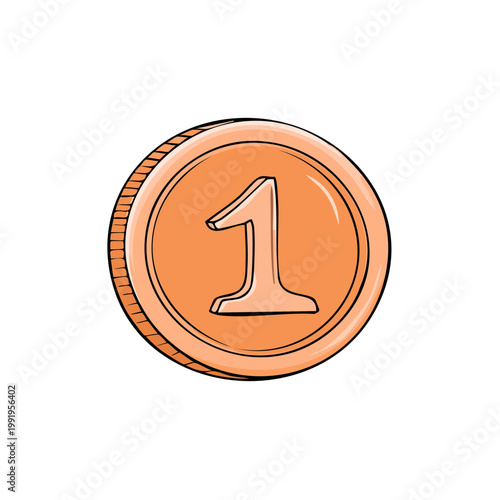 Single bronze coin with the number one symbol front facing simple illustration