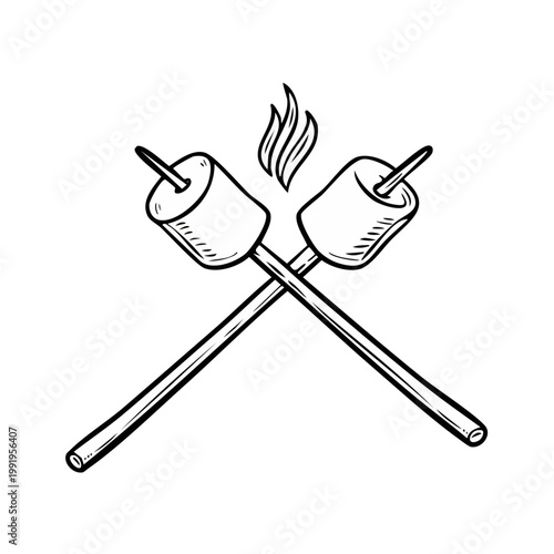 Two marshmallows roasting over a campfire hand drawn illustration with flames and sticks