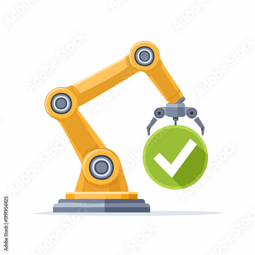 チェックマークとロボットアームのフラットイラスト（検品・成功）
