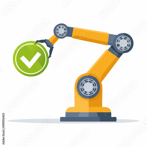 チェックマークとロボットアームのフラットイラスト（検品・成功）