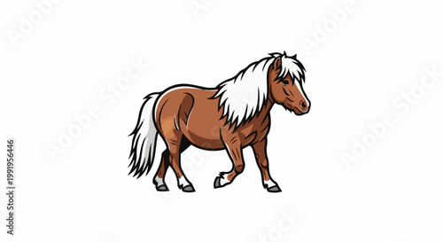 A brown cartoon horse with a white mane and tail walks with its head turned