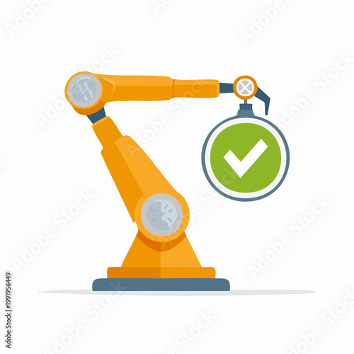 チェックマークとロボットアームのフラットイラスト（検品・成功）