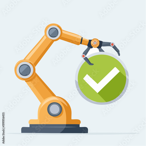 チェックマークとロボットアームのフラットイラスト（検品・成功）