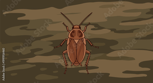 A brown cockroach with long antennae rests on a camouflage patterned background