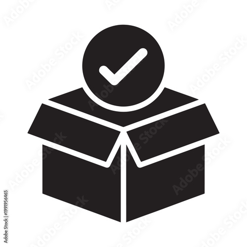A black glyph depicting a cardboard box with a checkmark inside