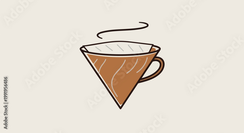 A brown cone-shaped coffee filter sits on a light background with steam rising