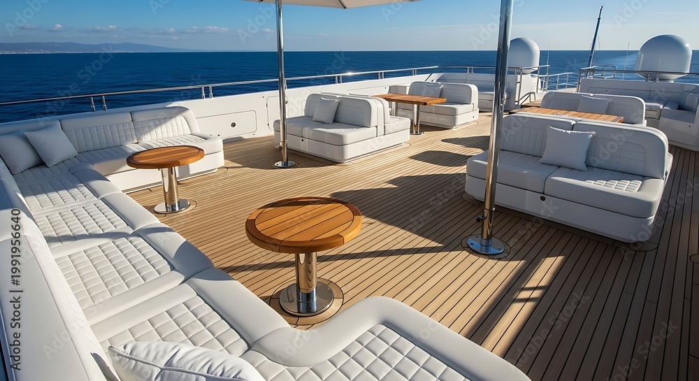 Fototapeta premium Luxury yacht deck with white sofas and wooden tables offering a serene ocean view for relaxation and leisure