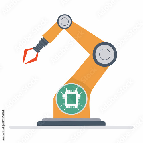 マイクロチップとロボットアームのフラットイラスト（半導体・AI）