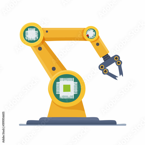 マイクロチップとロボットアームのフラットイラスト（半導体・AI）
