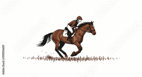A brown horse and rider gallop across a field of grass