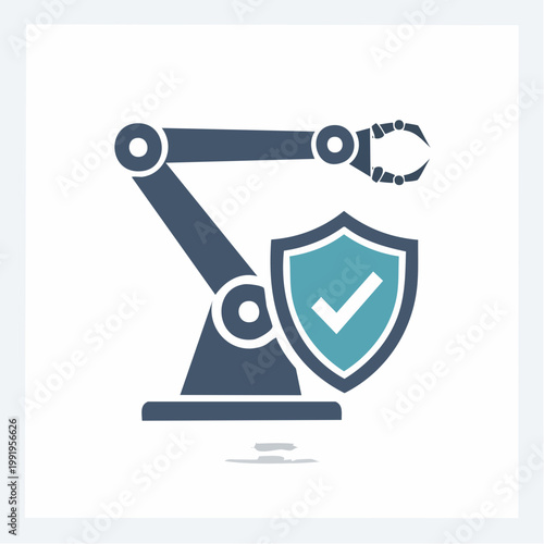 シールドアイコンとロボットアームのフラットイラスト（セキュリティ・安全）