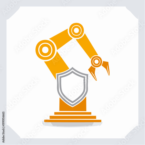 シールドアイコンとロボットアームのフラットイラスト（セキュリティ・安全）