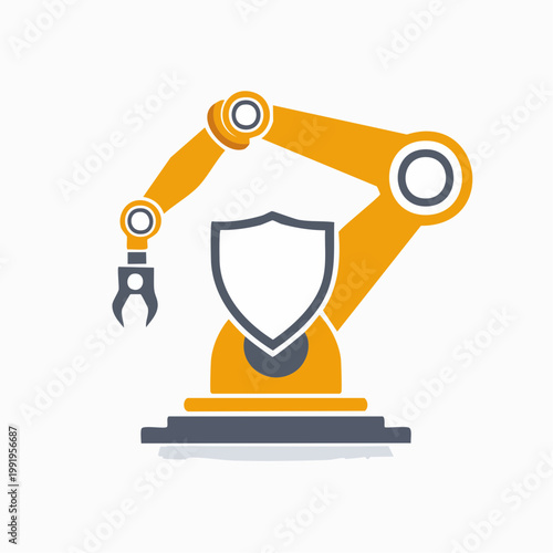シールドアイコンとロボットアームのフラットイラスト（セキュリティ・安全）