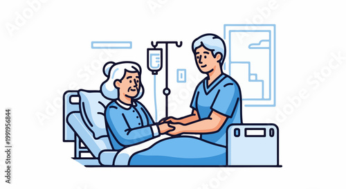 A caring healthcare professional holds a patient's hand in a hospital room