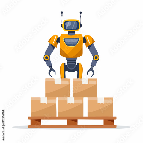 パレットに段ボールを積むロボットのフラットイラスト（物流DX）